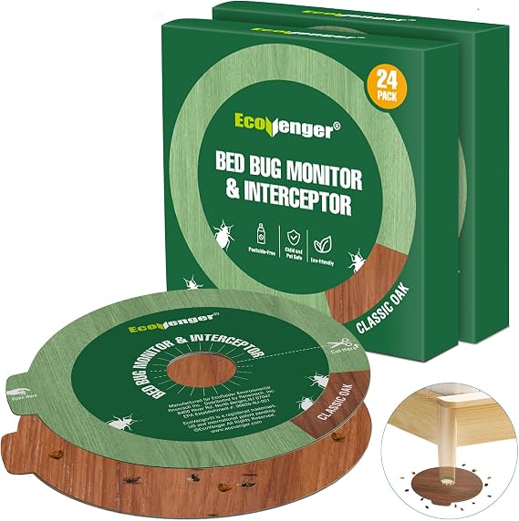 EcoVenger Bed Bug Traps & Killer 48 Ct, Super Glue Bed Bug Monitors and Interceptors, Blocks Bed Bugs' Access to Beds/Futon/Couch, Discreet Classic Oak Design for Hard Floors, Easy to Peel & Use
