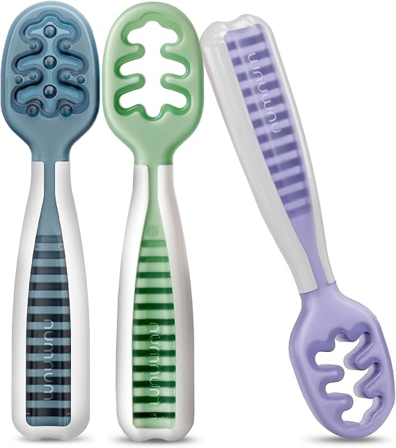 NumNum Baby Spoons Self Feeding 6 Months, 3-Pack Nature Friends | First Stage Silicone Pre Spoon Utensils For Baby Led Weaning, BPA Free Baby Feeding Essentials, Dishwasher Safe