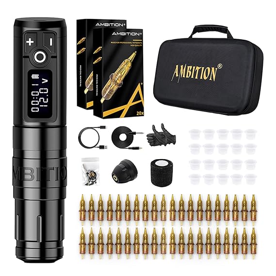 Tattoo Kit - Ambition Complete Wireless Tattoo Machine Kit 1950mAh Digital LED Display Power Supply with 40pcs Tattoo Cartridges Needles Ink Cup Gloves Bandage for Professional Tattoo Artists