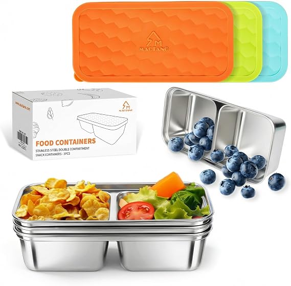 MACTANO 3 Pack Stainless Steel Snack Containers, 15oz Double Compartment