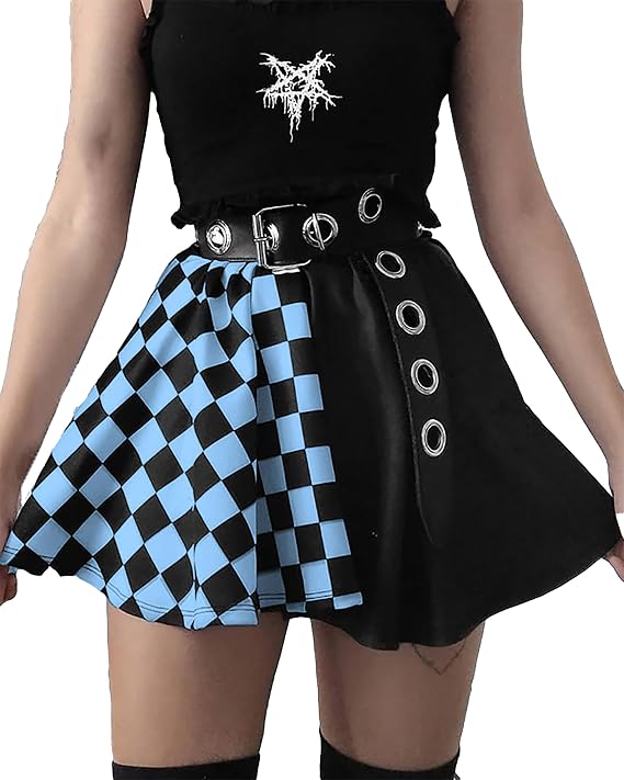 TSMNZMU Womens Punk Plaid Mini Skirts High Waist Gothic Grunge Skirt Y2K Alt Emo Checkered Skirt with Belt