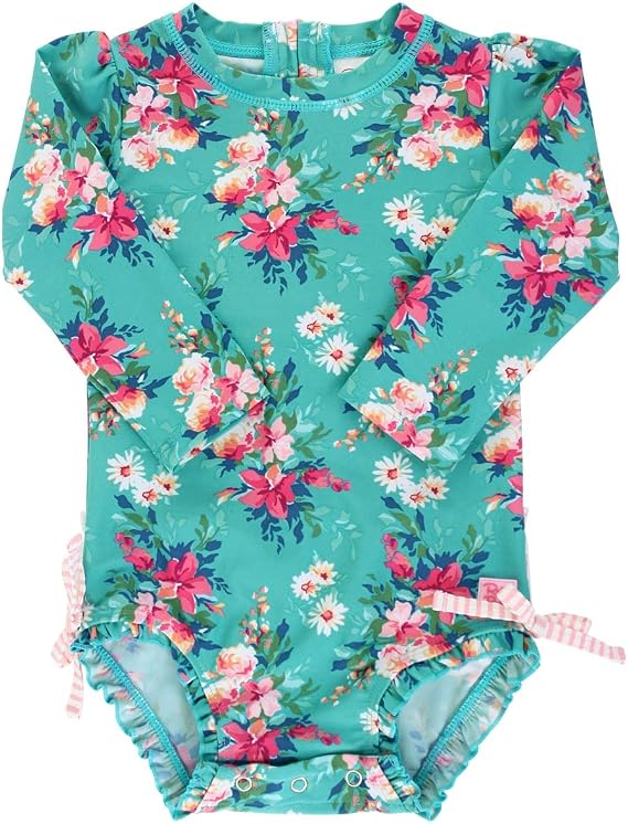 RuffleButts Baby Girls Novelty Baby One Piece - Rash Guard Swimsuit UPF 50+ | Premium Quality, 4-way Stretch, Snap + Zipper Closure, Long Sleeves, Hand Wash, UPF 50+ Sun Protection