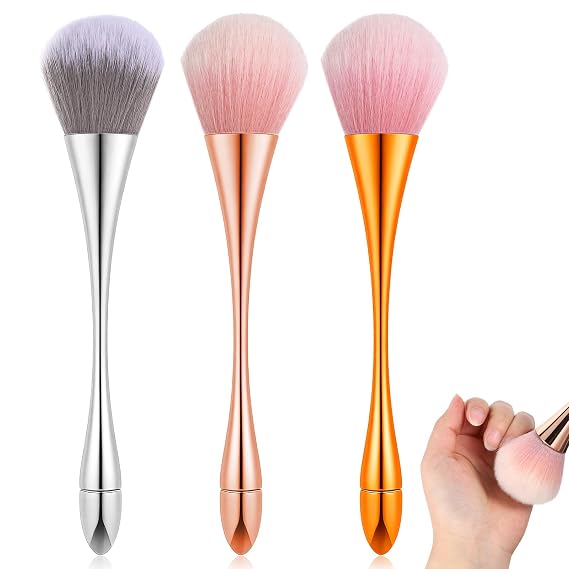 3Pcs Nail Dust Brush, Nail Brushes for Cleaning Dust, Acrylic Brush Cleaner Blush Brush Large Makeup Brush Dip Powder Brush Nail Clean Up Brush Nail Art Tools Manicure Brush, Gold, Sliver