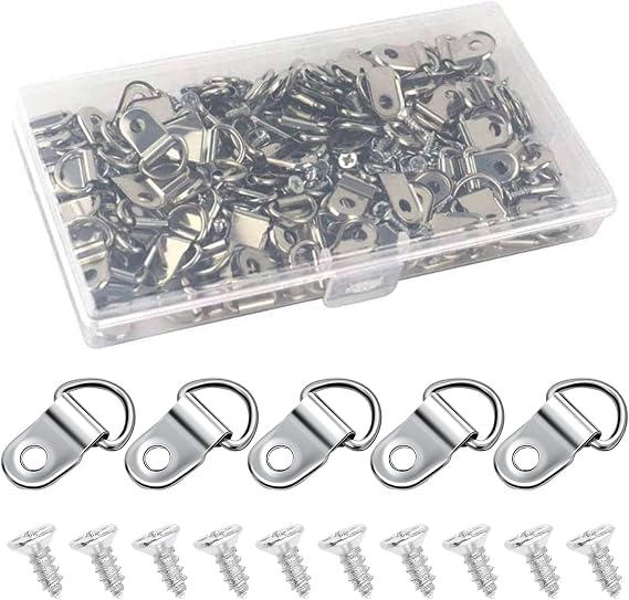 100 Pcs D Rings for Picture Hanging, D Rings, D Ring, D Ring Picture Hangers &amp; 100 Pcs Screws Picture Hangers Hooks Kit for Hanging Photo Frames Wall Decorations Art Gallery