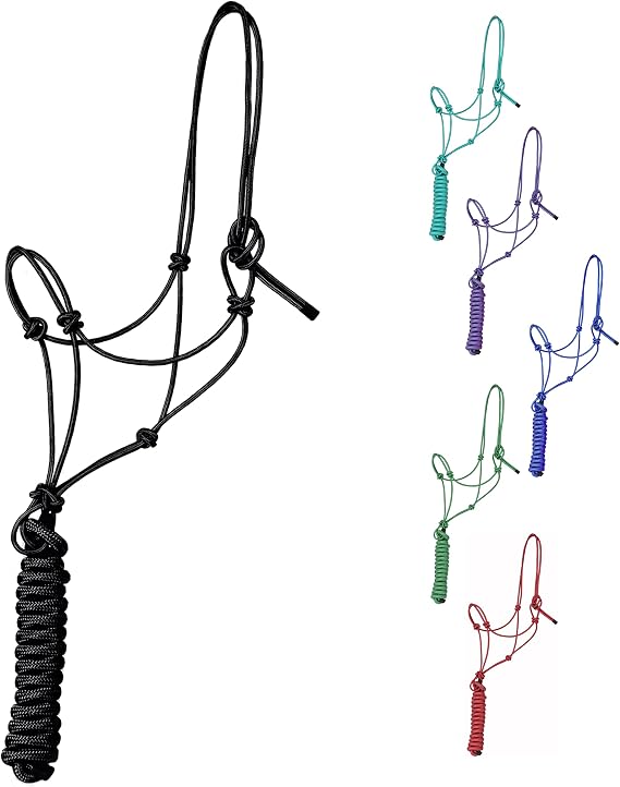 Majestic Ally 1/4" Rope 4 Knot Stiff Polyester Training Halter with 10 Matching Lead Rope for Horses Full (Black, Full)