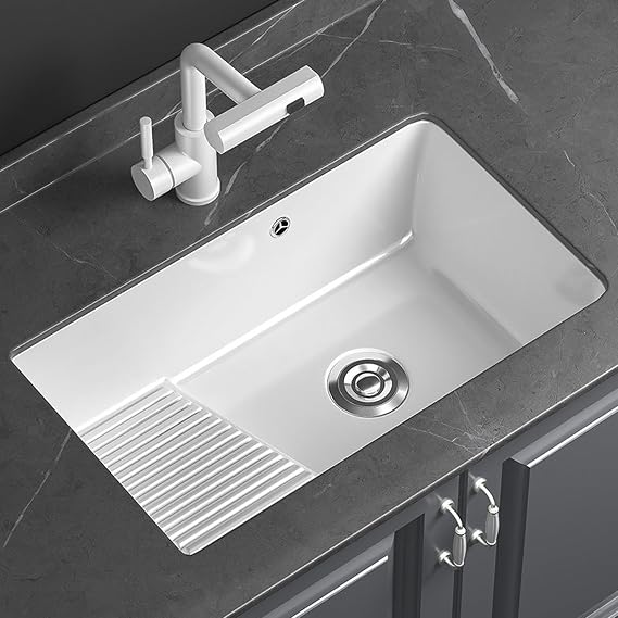 White Ceramic Laundry Sink with Integrated Washboard, Utility Sink with Deep Single Bowl, Fast Drainage for Kitchen and Laundry Room(52.5x40x21cm/20.6x15.7x8.3in)
