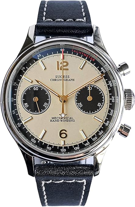 Sugess Chronograph Men's Watch ST1901 Mechanical Hand Wind Movement Panda Men Wrist Watches 5ATM Waterproof Sapphire Military Pilot Watch with Leather Strap ST1901