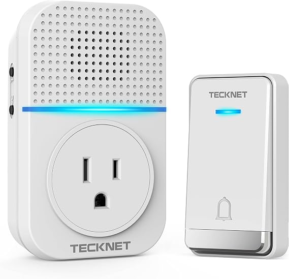 TECKNET Wireless Doorbell, Self-Powered Doorbell, 0-110db Plug-through Wireless Doorbell Ringer for Homes Classroom, IP66 Waterproof 1300ft Door Chime with Extra Socket, 60 Chimes, LED Light (White)