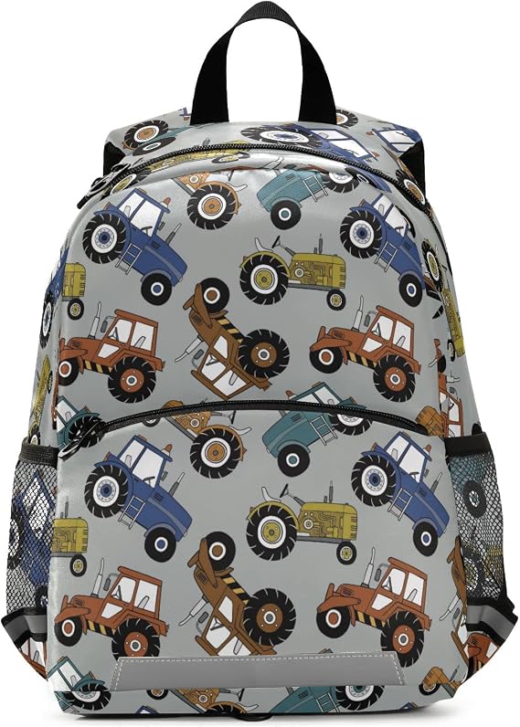 Tractors Car Kids Backpack for Boys Girls, Children Bag Preschool Bookbag with Chest Strap for Daycare Kindergarten Travel