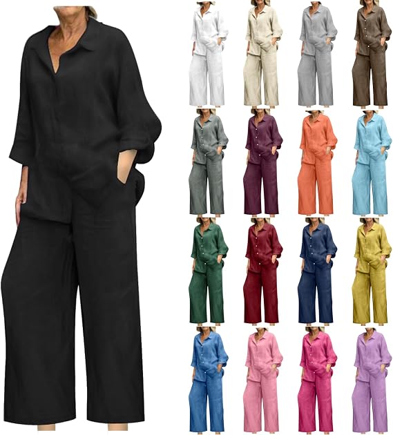 Two Piece Sets for Women Cotton Linen Lounge Set Long Sleeve Henley Shirt and Wide Leg Pants Matching Sets Outfits