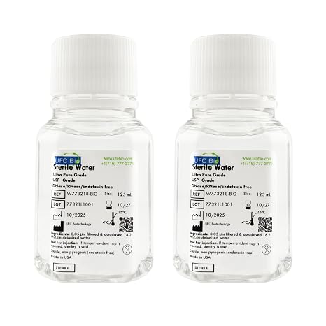 Sterile Water - Ultra Pure Grade - RNase/DNase/Endotoxin Free, Sterile, 0.05um Filtered & Autoclaved 18.2 Mega Ohm-cm Deionized Water - 125mL x2 (250 mL Total)