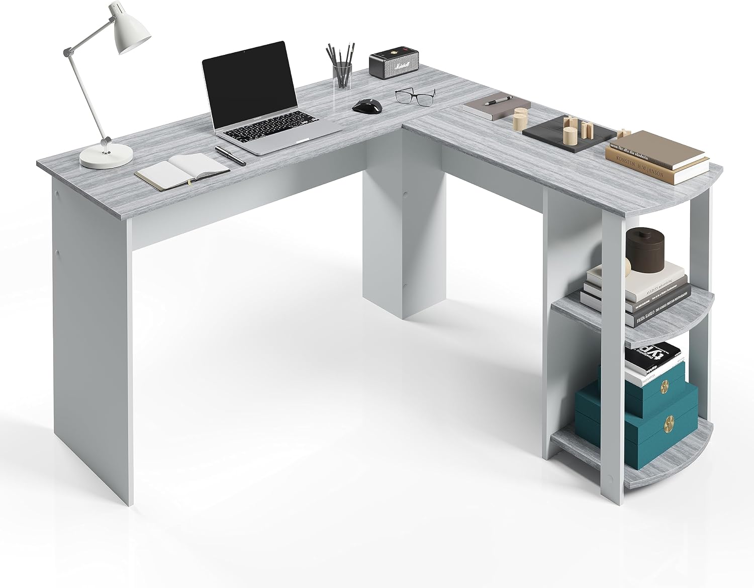 Techni Mobili L Shaped Desk - Modern Computer Desk with Corner Bookshelf &amp; Side Storage Shelves for Home Office Accessories - Elegant, Space-Saving, Minimalist Executive Table