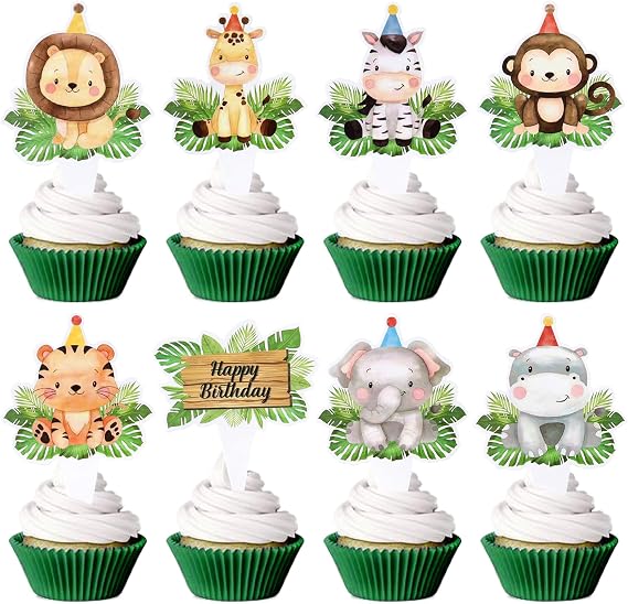 32Pcs Double-sided Safari Animals Cupcake Toppers Cute Animal Baby Birthday Cupcake Picks for Safari Animal Baby Shower Summer Wild Animals Boys Girls Birthday Party Cupcake Decorations