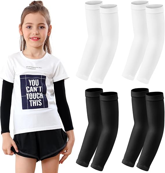Kid Arm Sleeve 4 Pairs, Compression Arm Sleeve | for Basketball Football Baseball Volleyball Youth Boy Girl Sports