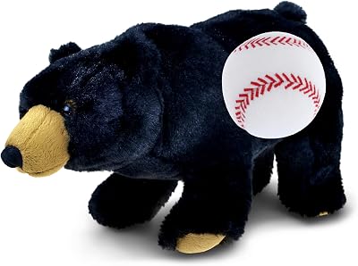 DolliBu Wild Small Black Bear Stuffed Animal with Baseball Plush - Soft and Huggable Black Bear Gift, Cute Wild Animal with Plush Baseball Toy for Kids, Adults with Name Personalization - 11 Inches