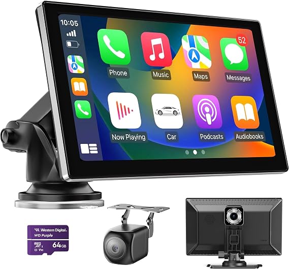 9" Wireless Carplay Screen for Car, Portable Car Play Screen for Car & Android Auto, 4K Dash Cam, 1080p Backup Camera, GPS Navigation, Car Audio Receivers Mirror Link, Bluetooth, FM, Siri