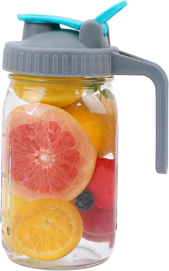 Mason Jar Pitcher 32 Oz Wide Mouth With Handle And Pour Spout Lids, Leak Proof 1 Quart Glass Pitchers With Flip Cap Airtight Water Jug For Cold Brew Coffee Sun Tea Lemonade Milk