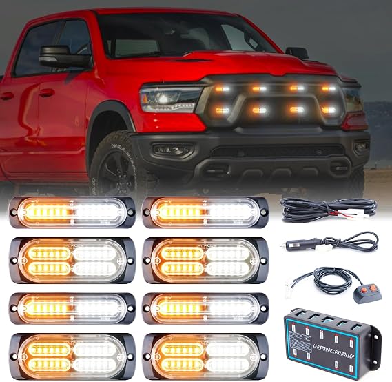 8pcs Sync Feature Emergency Strobe Lights LED Ultra Slim Surface Mount Flashing Hazard Warning Light Bar with Controller for Construction/Trucks/Vehicles/Car (Amber/White)