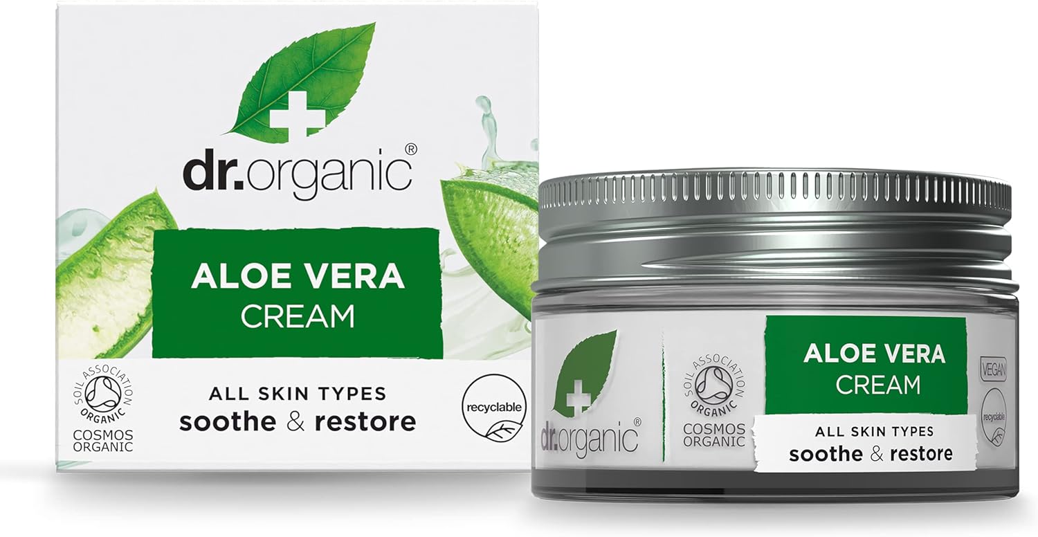 Dr Organic Aloe Vera Cream, Soothing, Mens, Womens, All Skin Types, Natural, Vegan, Cruelty-Free, Paraben & SLS-Free, Plastic Free, Recycled & Recyclable, Certified Organic, 50ml, Packaging may vary