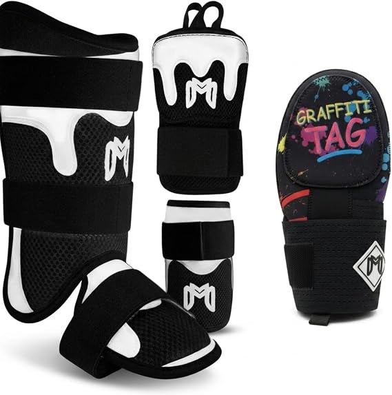 MediCaptain Black TripleGuard (Leg Guard, Hand Guard, Elbow Guard) + Graffiti Sliding Mitt Baseball Hitter Protection Bundle (Youth)
