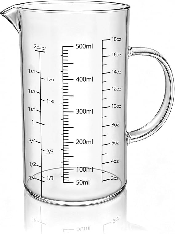 18 oz/500ml Glass Measuring Cup,OLULU 2 Cup Liquid Measuring Cup with 3 Measurement Scales (Cup/Oz/ml), Borosilicate Glass Measuring Cup with Handle & Spout for Baking, Cooking