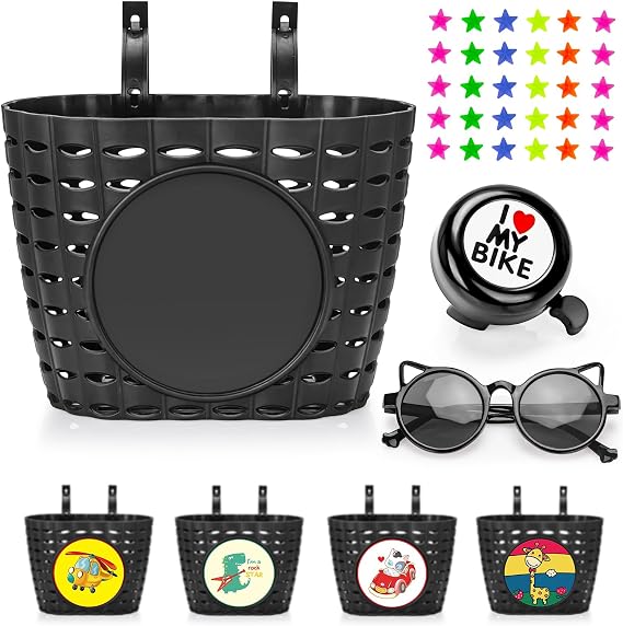Kids Bike Basket,Bicycle Basket with Bell,Wheel Spokes, Glasses,Bike Accessories for Boys Girls