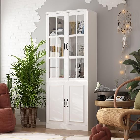 Homsee Tall Bookcase Bookshelf with 5 Storage Shelves & 2 Glass Doors, Wooden Display Storage Cabinet for Home Office, Living Room, White (31.5W x 15.7D x 78.7H)