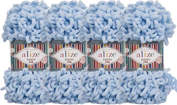 Alize Puffy Fine Baby Blanket Small Loop 100% Micropolyester Soft Yarn Lot of 4skn 400gr 64yds (218 - Baby Blue)