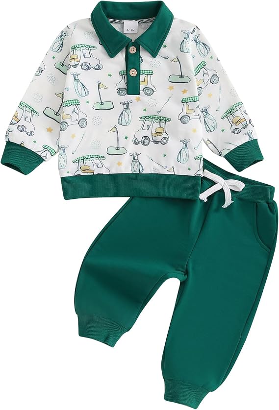 Toddler Boy Fall Clothes Fish/Golf/Dinosaur Print Long Sleeve Lapel Button Pullover Elastic Pants 2Pcs Outfits