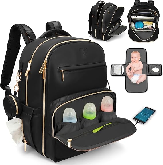 Large PU Leather Diaper Bag Backpack Set (3-Piece) Baby Bag with Large Changing Pad, Insulated Warm/Cool Bottle Pockets Organization, Newborn Essentials Travel Gift for Mom & Dad, Best Baby Shower