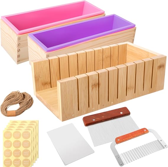 Honeydak 2 Pcs Soap Molds Making Kit with Soap Cutter for Making 42 oz Silicone Loaf Mold Set with Stainless Steel Wavy & Straight Slicer 50 Bags 60 Stickers 32.8 ft Rope for Homemade Craft Supplie