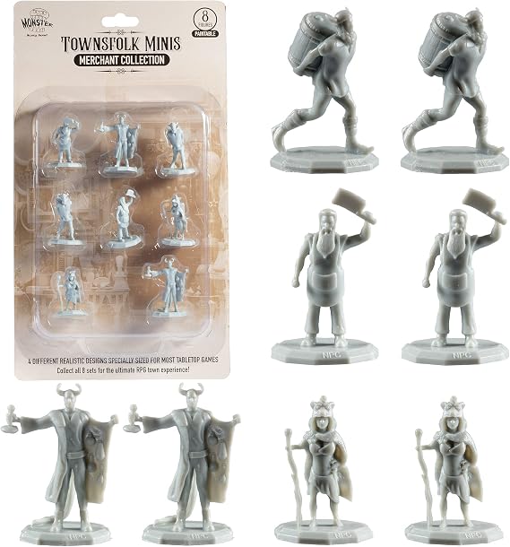 Monster Townsfolk Mini Fantasy Figures - 8pc Merchant Non Player Character NPC Miniatures - 1" Hex-Sized Compatible with DND Dungeons and Dragons, Pathfinder and All RPG Tabletop Games