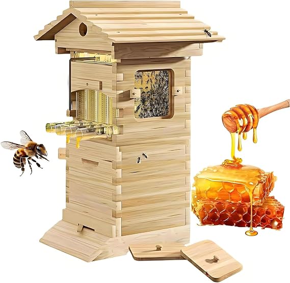 Beehive Starter Kit,Self-Flowing Honey Beehive with Observation Window and Honey Spout,Complete Beekeeping Wooden Bee Box with 4 Frames & 6 Honeycomb Trays