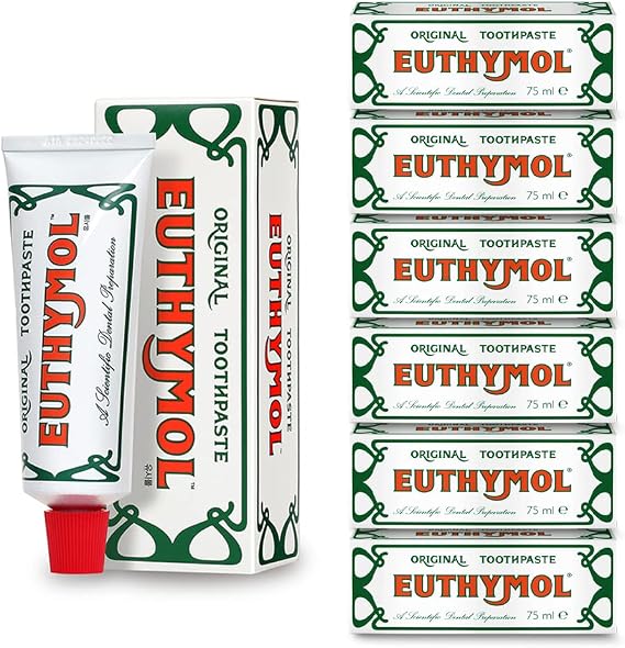 Euthymol Original Toothpaste 75ml x 6, No Fluoride, Anti-Plaque, Antibacterial, Cavity Protection, Teeth &amp; Gums Clean and Healthy, Cool Mint Refresh, Daily Oral Enamel Dental Care