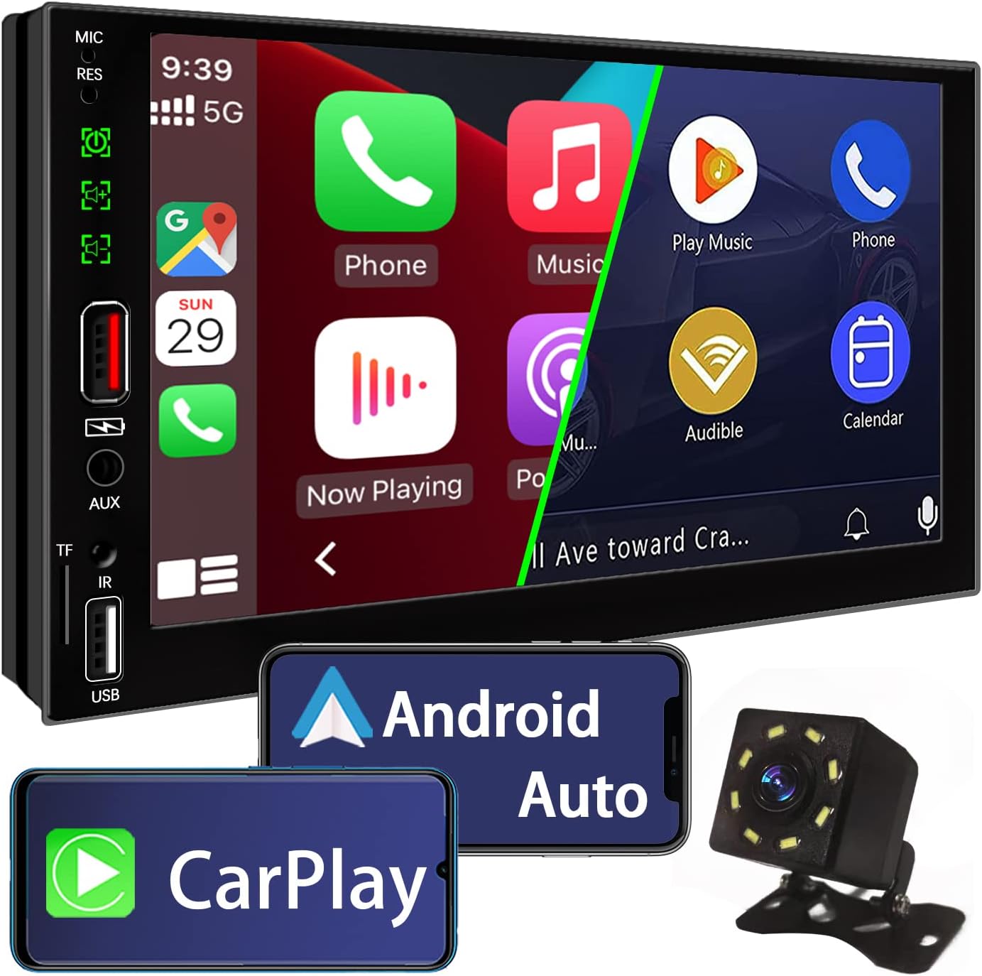 Double Din Car Stereo Compatible with Wireless Apple Carplay and Android Auto,7 Inch Touch Screen with Bluetooth 5.2,16-Segment EQ Car Audio Receivers,Mp5,Mirror Link,HD Backup Camera,FM Car Radio