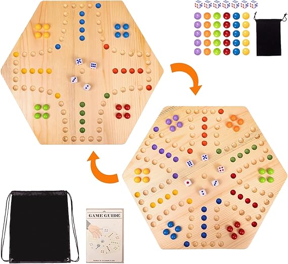 WodGod Marble Board Game,Set:1 Board+30 Marbles+7 Dice+1 Storage Bag+1 Shoulder Bag,6 Colors,Fast Track Wahoo Board Game,2 in 1 Board for 4-6 Players,Portable,Perfect for Family Party