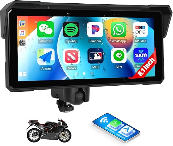 8.1 Inch IPS Waterproof Portable CarPlay Screen for Motorcycle with Wireless CarPlay&Android Auto,GPS Display,Bluetooth,TF Port,Support Siri,12V Power Supply