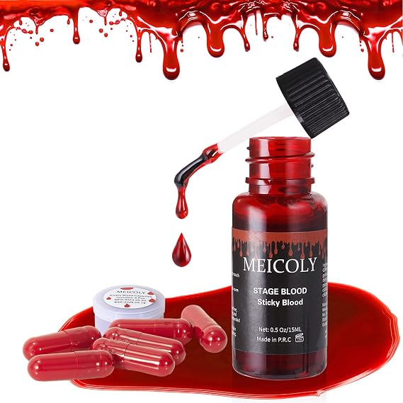 Fake Blood Washable,Edible Stage Blood with 6 Capsules,0.5 Oz Realistic Drips Sticky Fake Blood with Brush,Halloween,Cosplay,Wound Bites SFX Makeup,Safe for Mouth,Teeth,Nosebleed,Bright