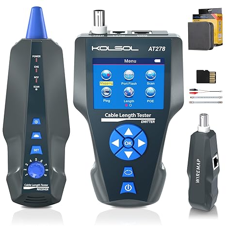 Network Cable Tester and Tracker, KOLSOL AT278 NF-8601S TDR Multifunction LCD LAN Ethernet Poe Cable Tester for RJ45/RJ11/BNC/Metal Cable - PING/POE Wire Tracker for Length & Distance to Fault Testing