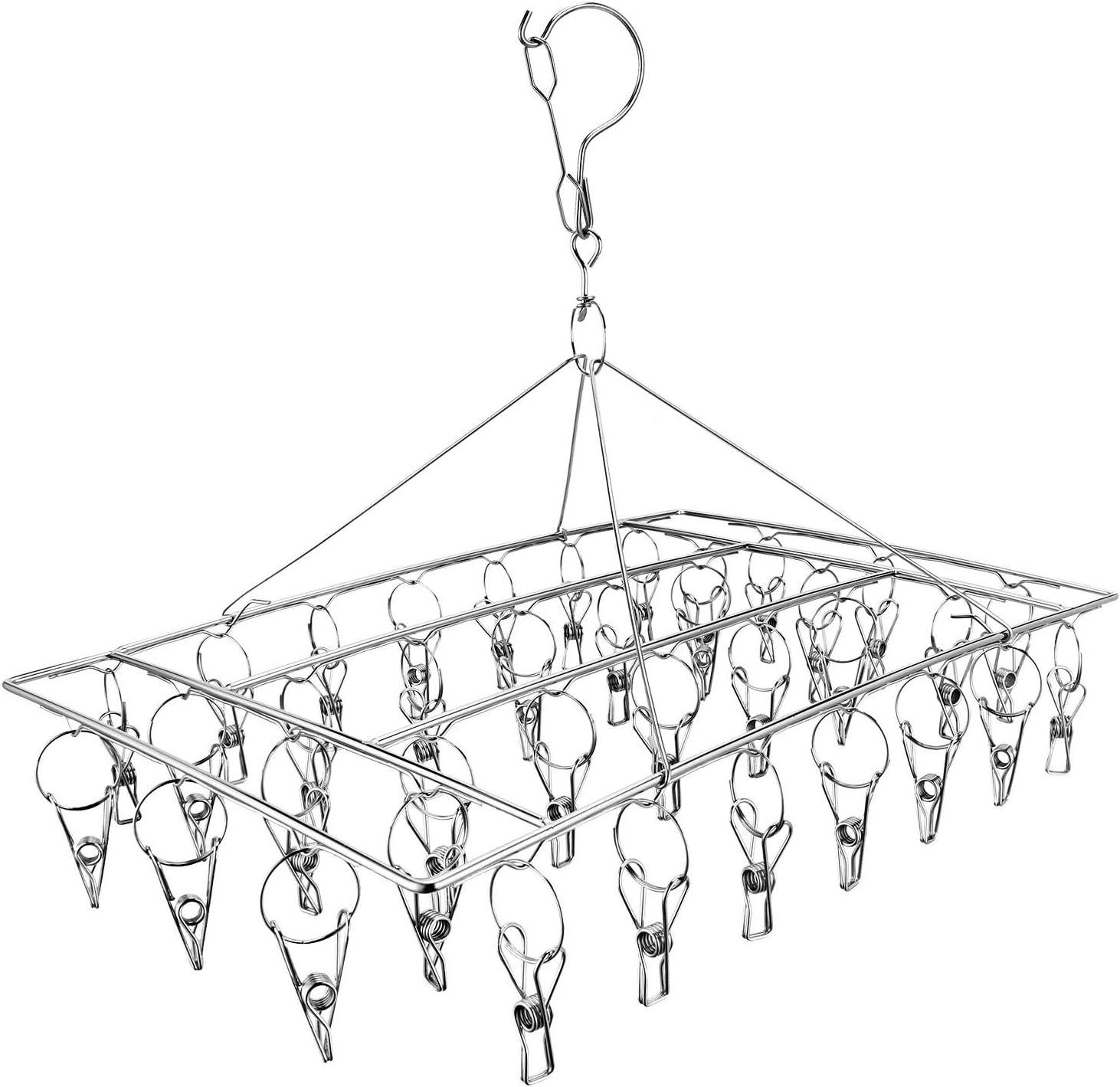 Sock Airer, Hanging Clothes Airer with 36 Clips in Stainless Steel Windproof for Socks, Underwear, Clothes, Towels, 1 Pack