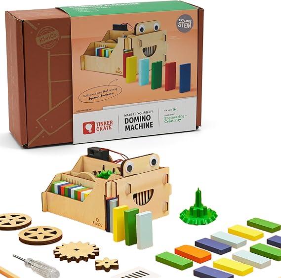 KiwiCo Domino Machine Wooden Gift Set - 100 Dominoes and Wood Domino Robot for Ages 9+