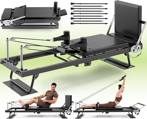 91 Pilates Reformer Machine Foldable Full-Body Home Pilates Equipment with Adjustable Resistance, Jumpboard, Upgraded Wheels, 400lb Support, for Rehab & Core Strength