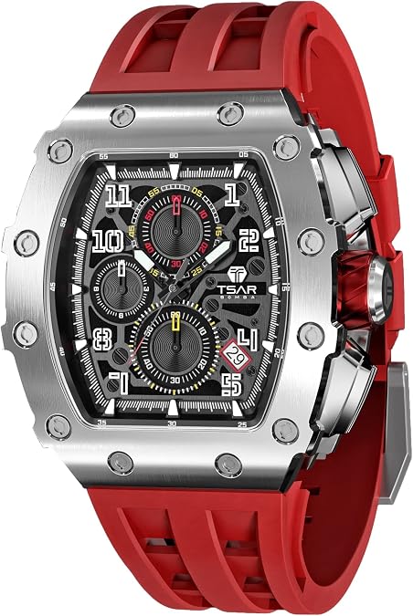 TSAR BOMBA Watch for Men, 50M Waterproof Mens Watches, Luxury Tonneau Black Watch with Silicone Watch Bands, Japanese Quartz Movement Chronograph, Gifts for Men