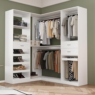 Walk In Freestanding Closet Organizers and Storage, L Shaped Closet Storage System With 3 Drawers, 2 Shelves, 3 Clothes Rods, Shoe Rack and Drawer Trouser Rack, White,55.1D X 70.9W X 78.7H