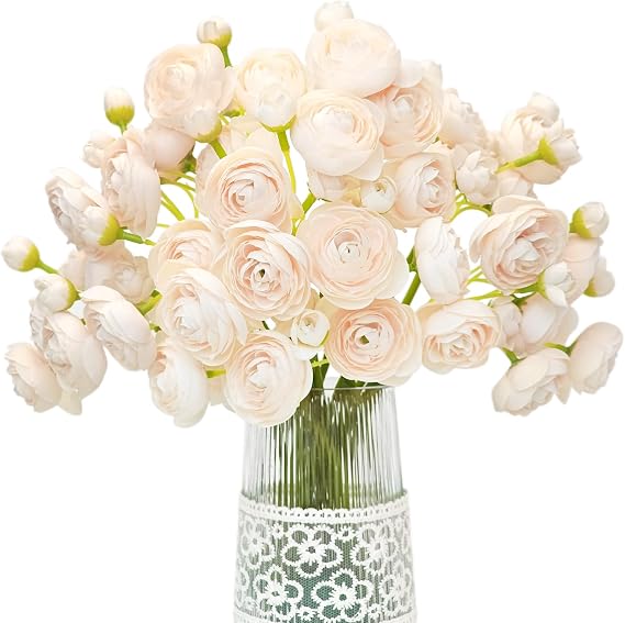 Letjolt Artificial Ranunculus Flower Light Champagne 18 Pcs | Silk Flowers, Faux DIY Bouquet, Wedding Engagement Centerpieces, Bridal Shower Decorations, Home Decor