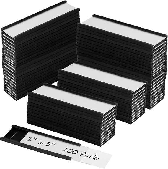 CYEAH 100 Pack Magnetic Label Holders, 1 x 3 Inch C-Channel Magnetic Data Card Holders with Paper Inserts and Clear Plastic Protectors for Metal Racks, Shelves, File Cabinets and Lockers