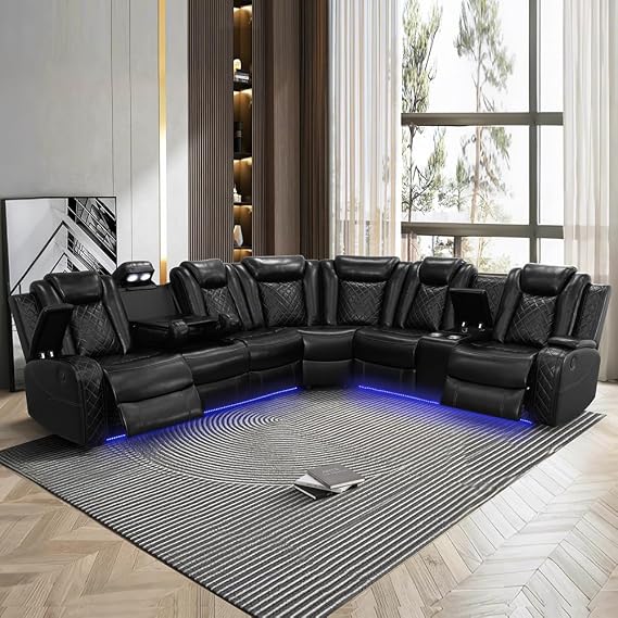 Black Leather Power Recliner Sectional Sofa Set with LED Light,L-Shaped Modular Reclining Couch with USB Port,Leather Sofa with Cup Holder/Storage for Living Room/Home Theater(Sectional)