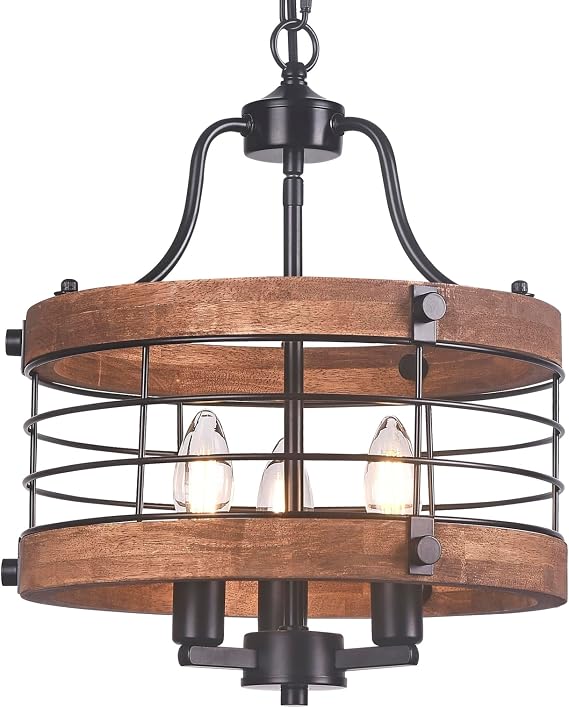 Farmhouse Wood Chandelier Vintage Ceiling Light, Modern Metal & Wooden Circular 3 Lights, Rustic Drum Hanging Chandelier with Adjustable Chain Light Fixtures for Dining Room Entryway Foyer(Black)