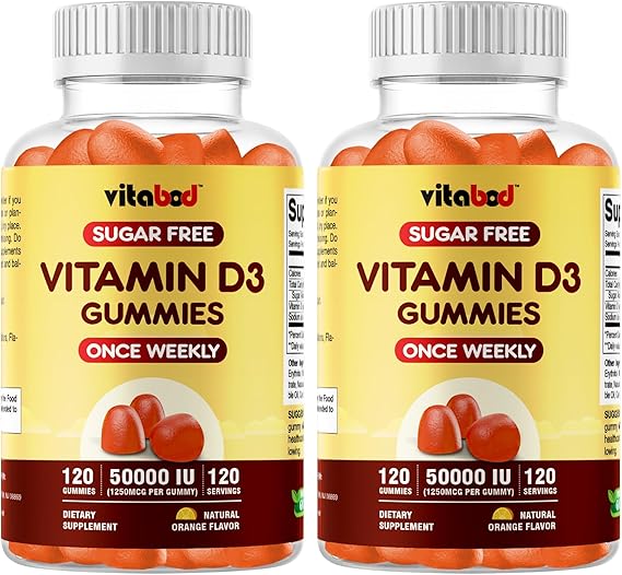 Vitabod Sugar-Free Vitamin D3 50,000 IU Weekly Gummies 120 Count Bone, Teeth, and Immune Support Non-GMO, Easy-to-Chew Supplement