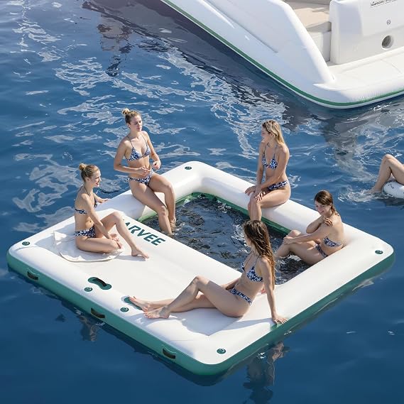 10FT Inflatable Water Hammock Floating Dock Mesh Sunchill Float Ring, Heavy Duty River/Lake/Pool Raft, Square Party Tanning Float Island Platform